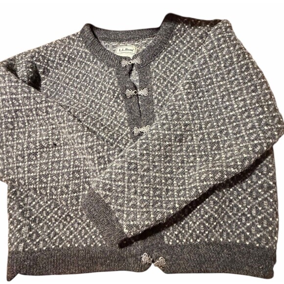 Vintage LL Bean Nordic Fair Isles Wool Blend Cardigan Sweater Medium Silver - Picture 7 of 10